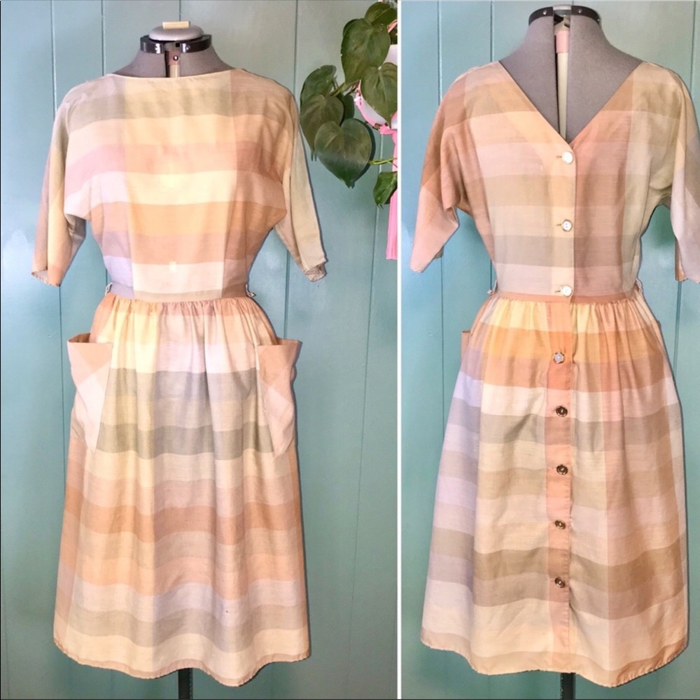 Vintage Pastel Plaid Casual Midi Day Dress